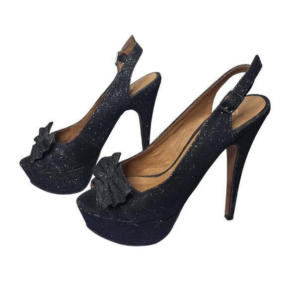 ALDO Women's Sz 7.5 Black Sparkly Peep-toe Platform Heels w/ Bow Detail - Picture 1 of 8